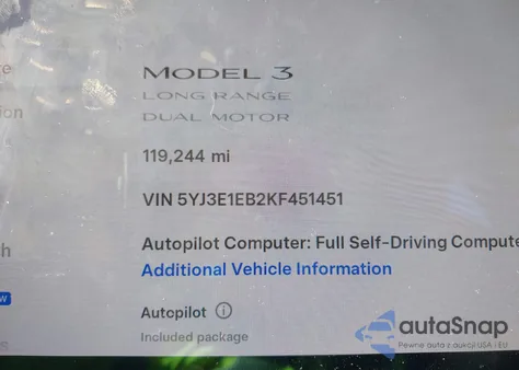 2019 Tesla Model 3 Long Range/Performance из США, поврежденный, VIN 5YJ3E1EB2KF451451